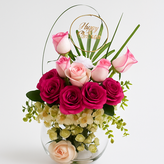 Blossom Reverie – Premium Pink & Purple Rose Bouquet with ‘Happy Birthday’ Accent